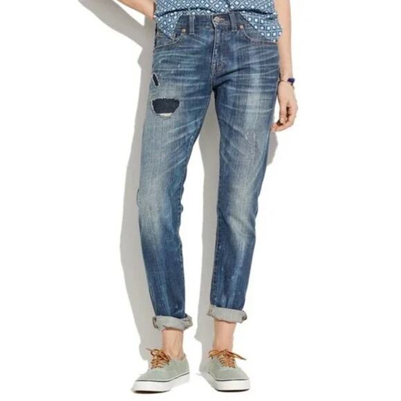 Madewell Slim Straight Boyjean Rip Repair Edition Boyfriend Jeans Womens 26 Blue - Picture 2 of 12
